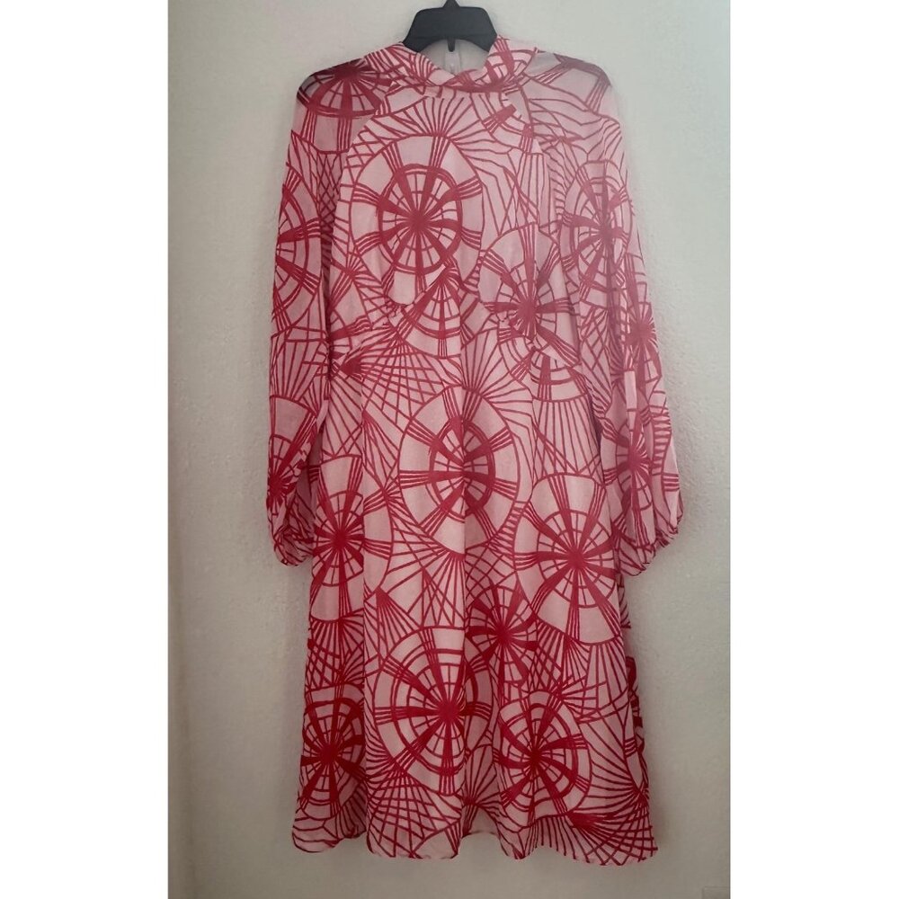 Newbury Street Dress Womens L Pink Sheer L/S Tie Neck Geometric‎ Art to Wear